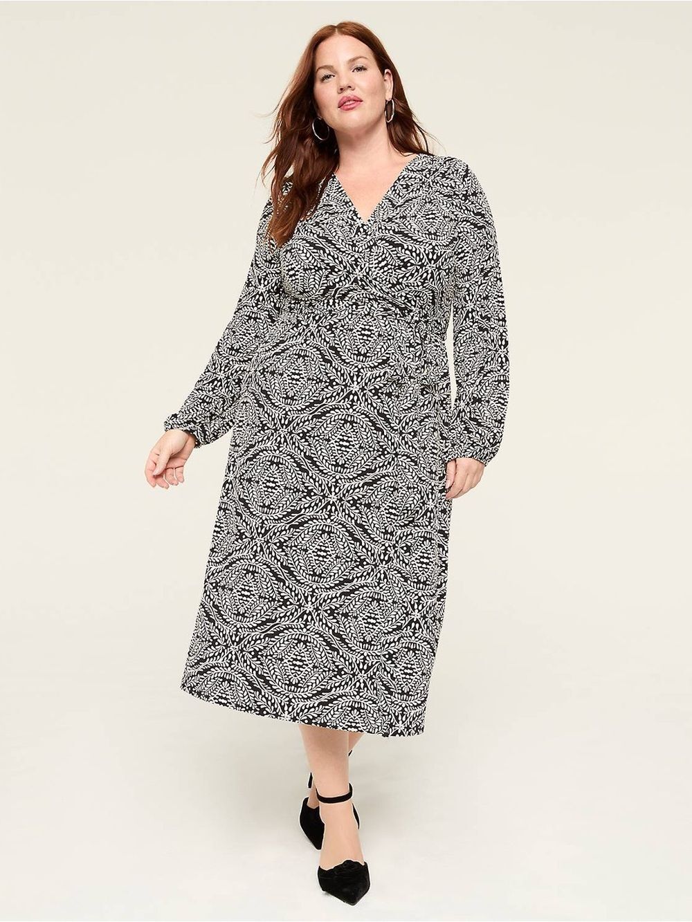 Lane Bryant black and white patterned long-sleeve midi dress